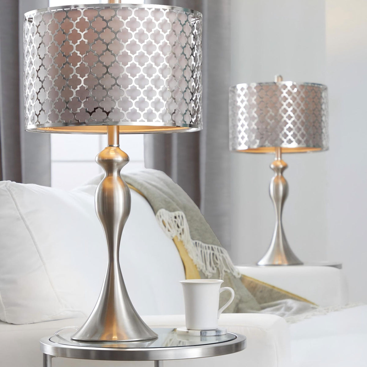 Table lamp set of 2 with patterned geometric drum shades and brushed metal hourglass bases
