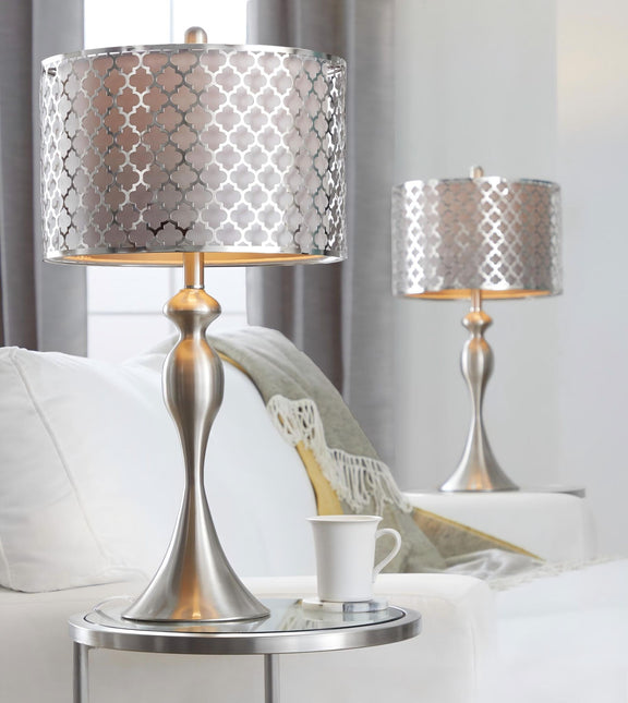 Table lamp set of 2 with patterned geometric drum shades and brushed metal hourglass bases