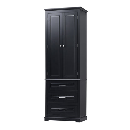 Tall black cabinet with double doors and three drawer fronts