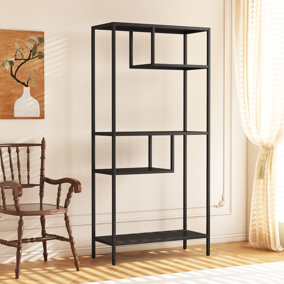 Modern Cube Storage Shelf With 4 Compartments & Metal Legs, Freestanding Organizer For Living Room, Bedroom, Home Office - Brushed Nickel