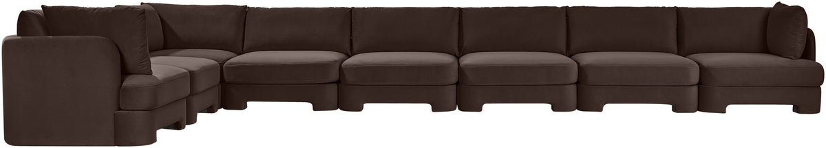 Dark brown L-shaped velvet sectional sofa with low arms and stepped seat sections