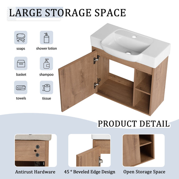 Bathroom vanity with dark wood cabinet, white sink, and open double storage doors