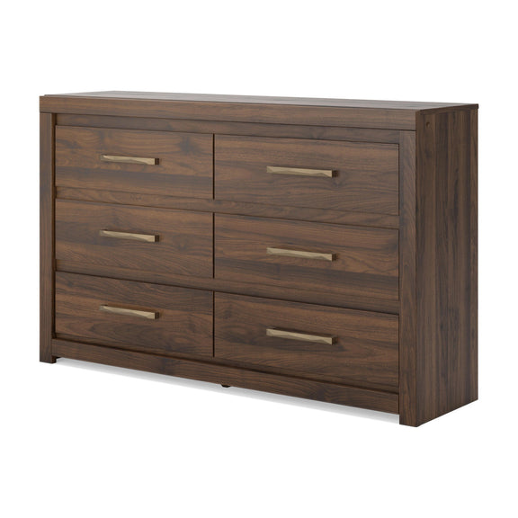 Light brown wood six-drawer dresser front view with stacked drawers and bar handles