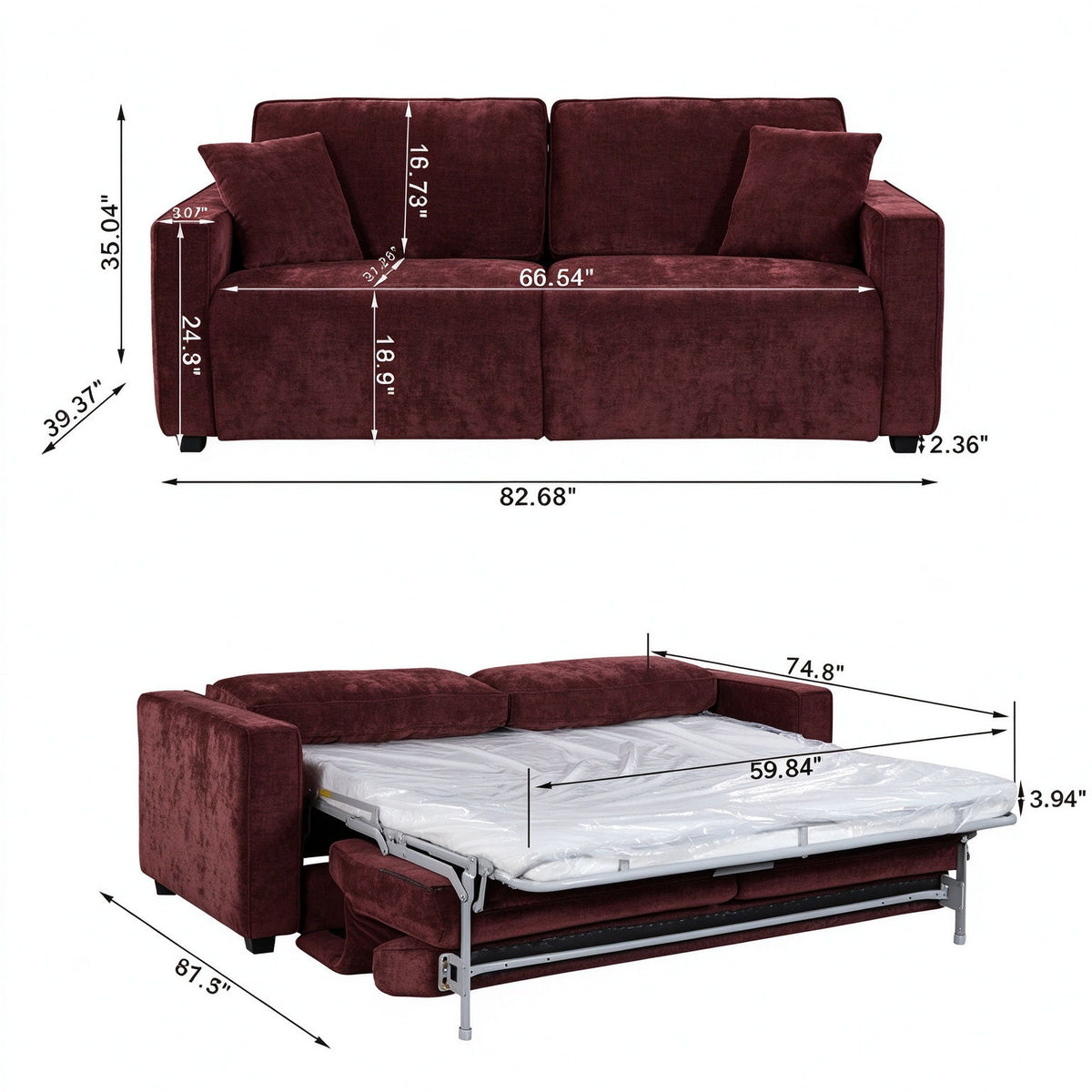 Dark red pull-out sofa bed with measurement diagram and extended mattress