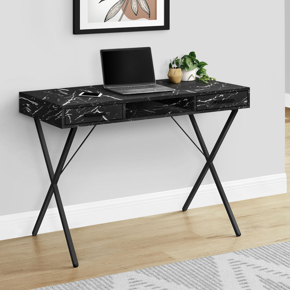 Computer Desk, Home Office, Laptop, Left, Right Set-Up, Storage Drawers, Work, Marble Look Laminate, Contemporary, Modern - Black