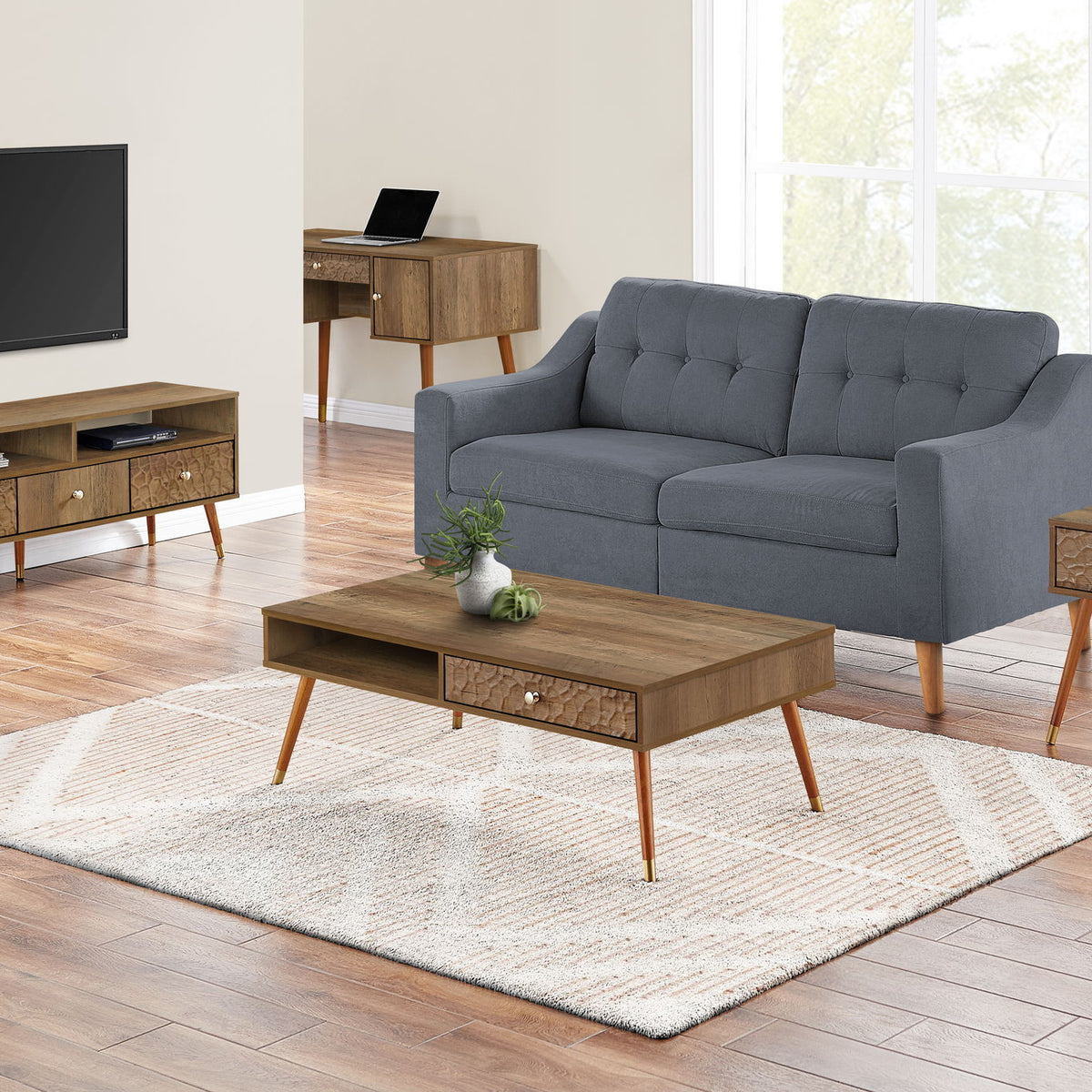 Coffee Table, Accent, Cocktail, Rectangular, Storage, Living Room, Wood Legs, Mid Century - Walnut