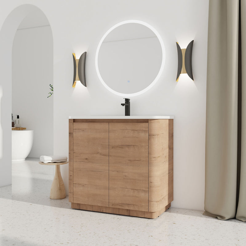 Light brown bathroom vanity cabinet with integrated sink and two doors, freestanding