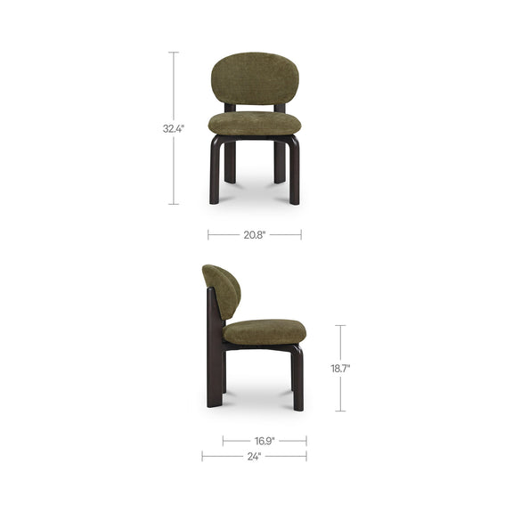 Olive green dining chair set of 2 with rounded back, dark legs, size dimensions shown