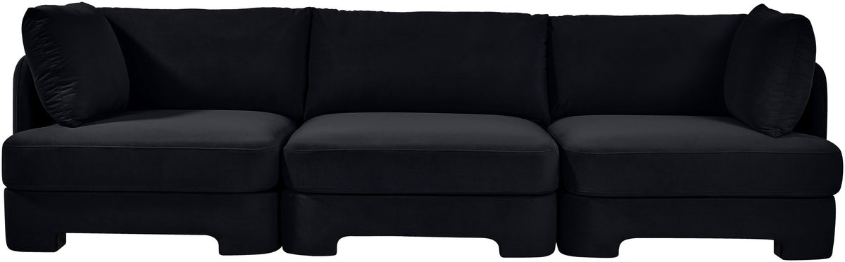 Black velvet 3-piece sofa with three seat cushions and low profile feet