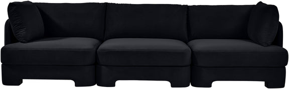 Black velvet 3-piece sofa with three seat cushions and low profile feet