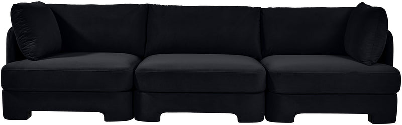 Black velvet 3-piece sofa with three seat cushions and low profile feet