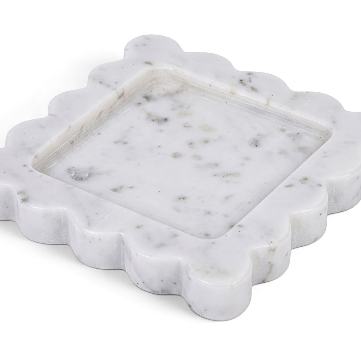 White genuine marble tray with scalloped edges and subtle gray veining