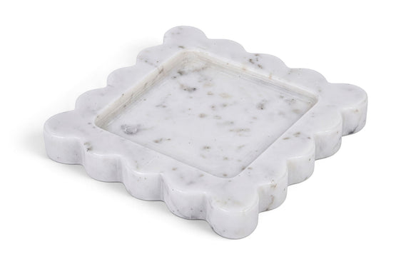White genuine marble tray with scalloped edges and subtle gray veining