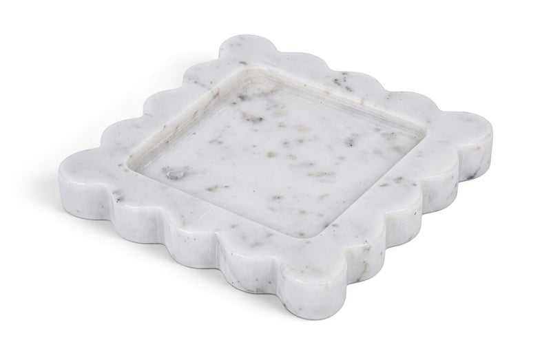 White genuine marble tray with scalloped edges and subtle gray veining