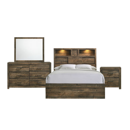 Bedroom set with bed, dresser and mirror, plus two matching nightstands in dark brown