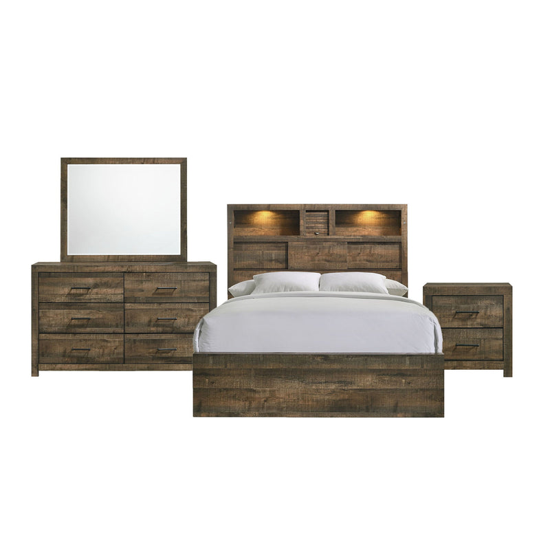 Bedroom set with bed, dresser and mirror, plus two matching nightstands in dark brown