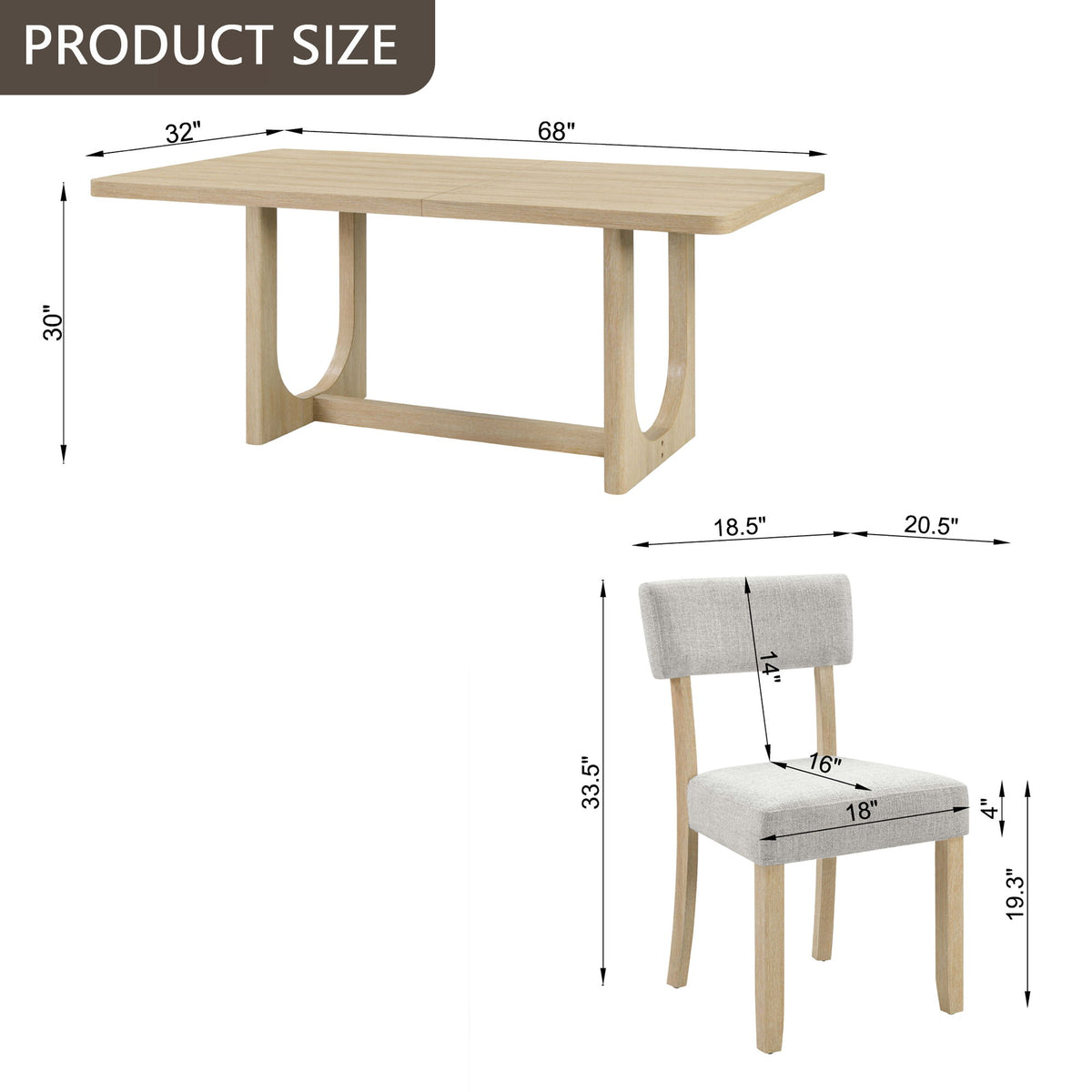 Dining table and chair size diagram showing 68 in tabletop and chair dimensions