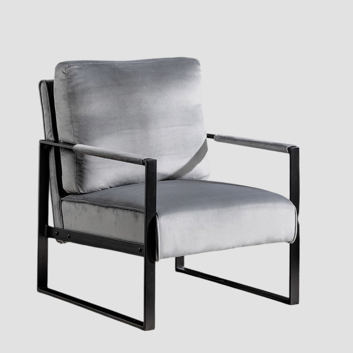 Gray upholstered accent chair with square metal frame and armrests