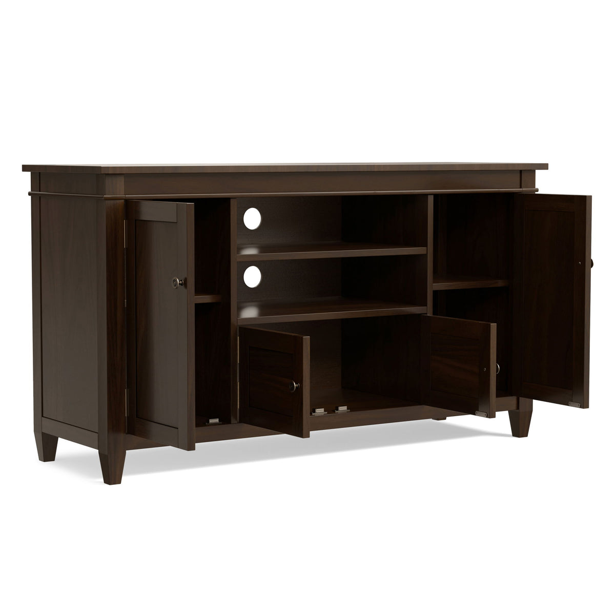 Dark brown TV media stand with open center shelves and side cabinet doors