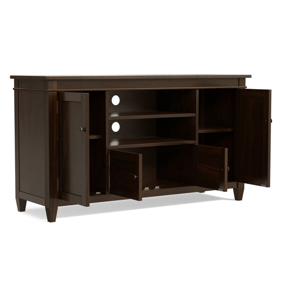 Dark brown TV media stand with open center shelves and side cabinet doors
