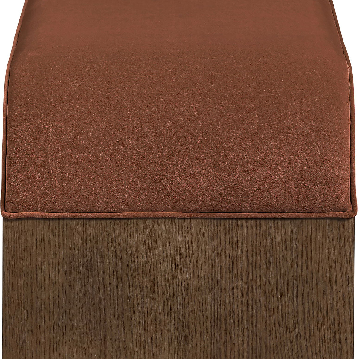 Dark red velvet bench cushion on dark wood base with stitched seat edges