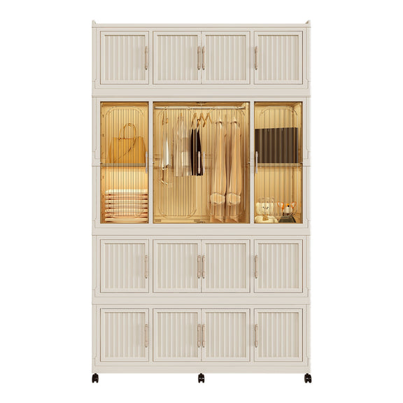 Creamy white wardrobe storage organizer with magnetic doors and hanging rail