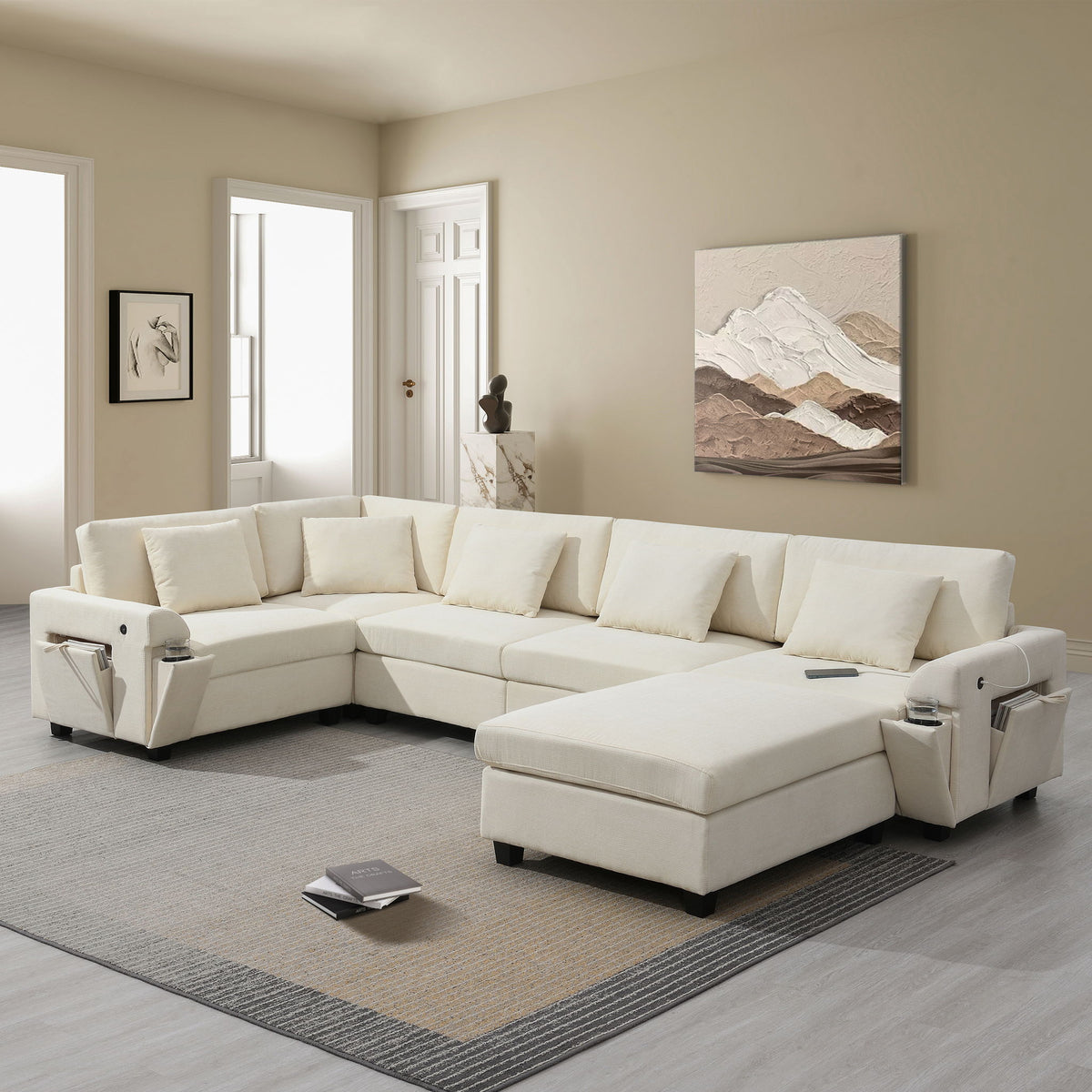 U Shaped Sectional Sofa 6 Seat Couch Set With Oversized Ottoman, Hidden Armrest Storage And Cup Holders USB Charging Ports Wide Seat Sofa