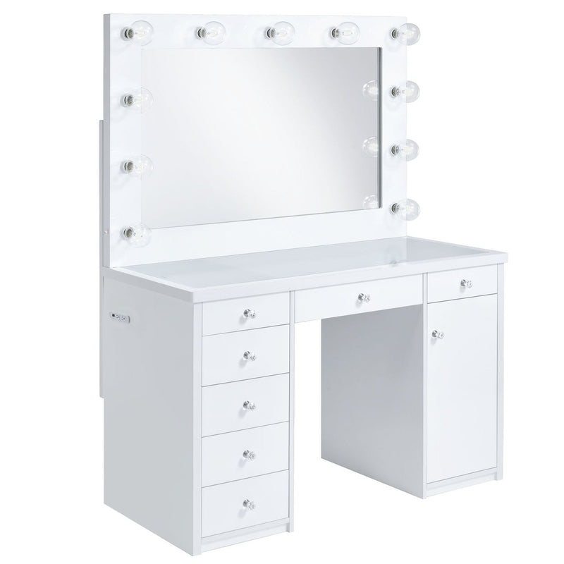 White vanity desk with wall mirror, round lightbulbs, and drawer storage on both sides