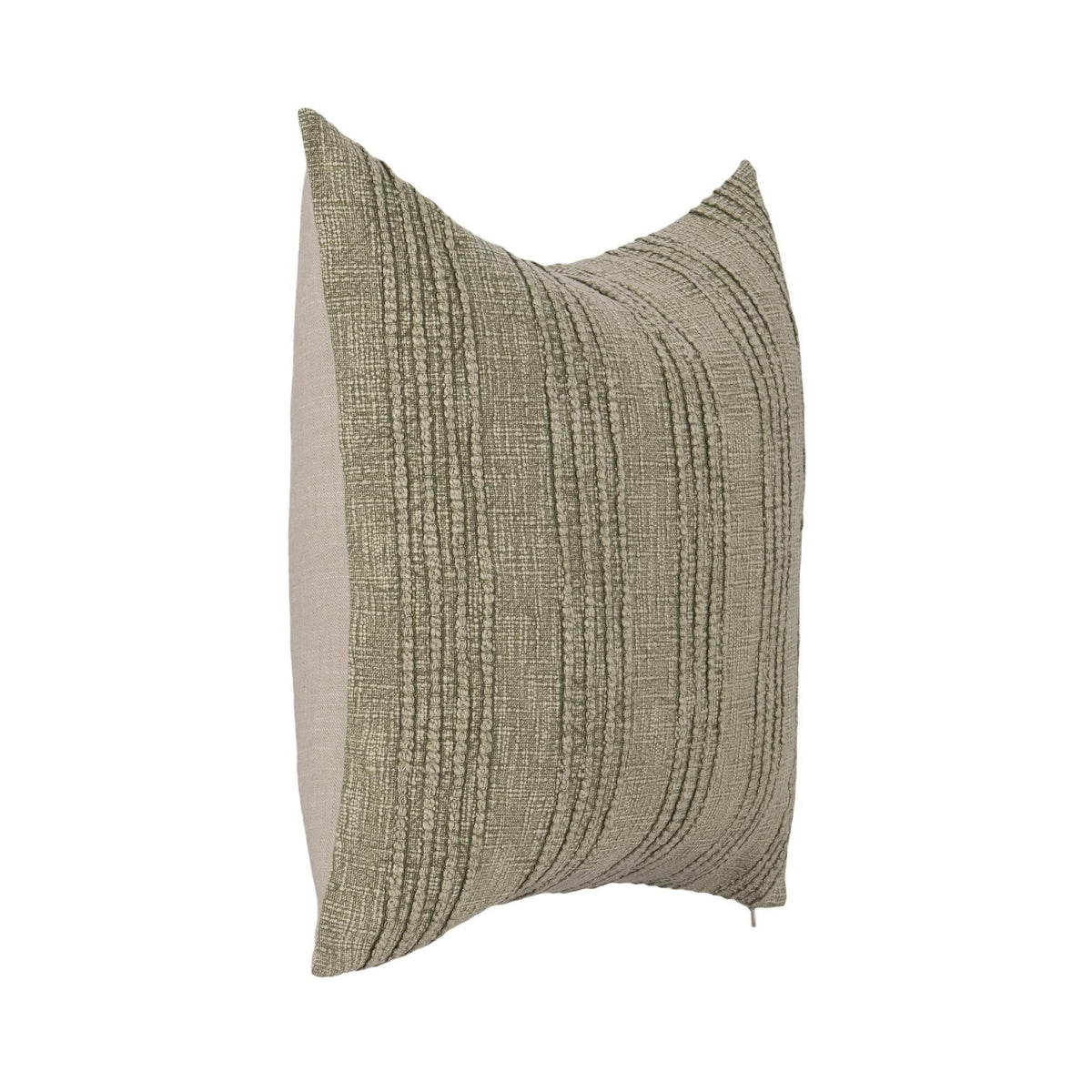 Textured square throw pillow, sage green-gray woven fabric, knife-edge seams