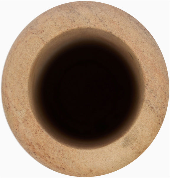 Sandstone vase interior view with wide mouth and speckled sand texture