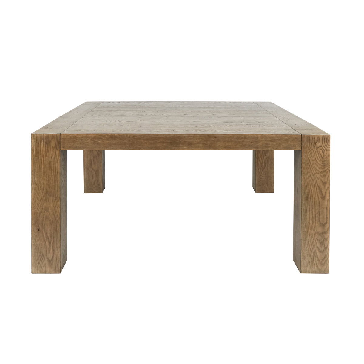 Cafe-brown square dining table with thick top and four straight legs