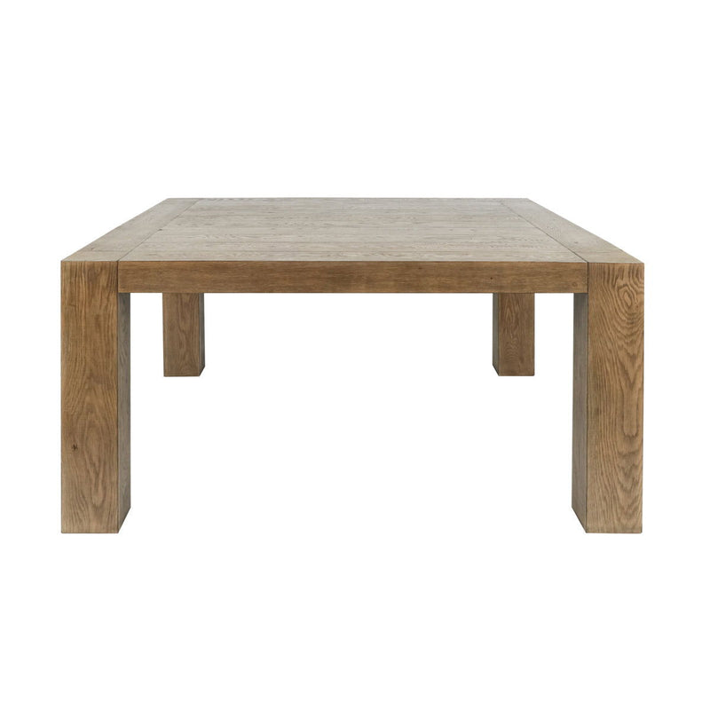 Cafe-brown square dining table with thick top and four straight legs