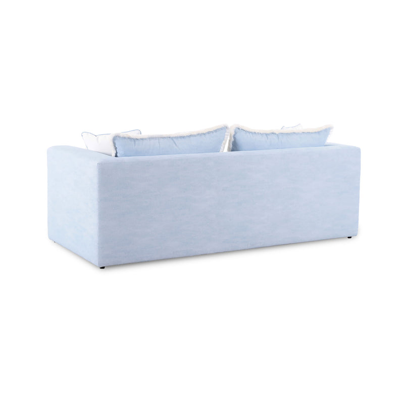 Light blue boucle outdoor sofa with back cushions and two front throw pillows