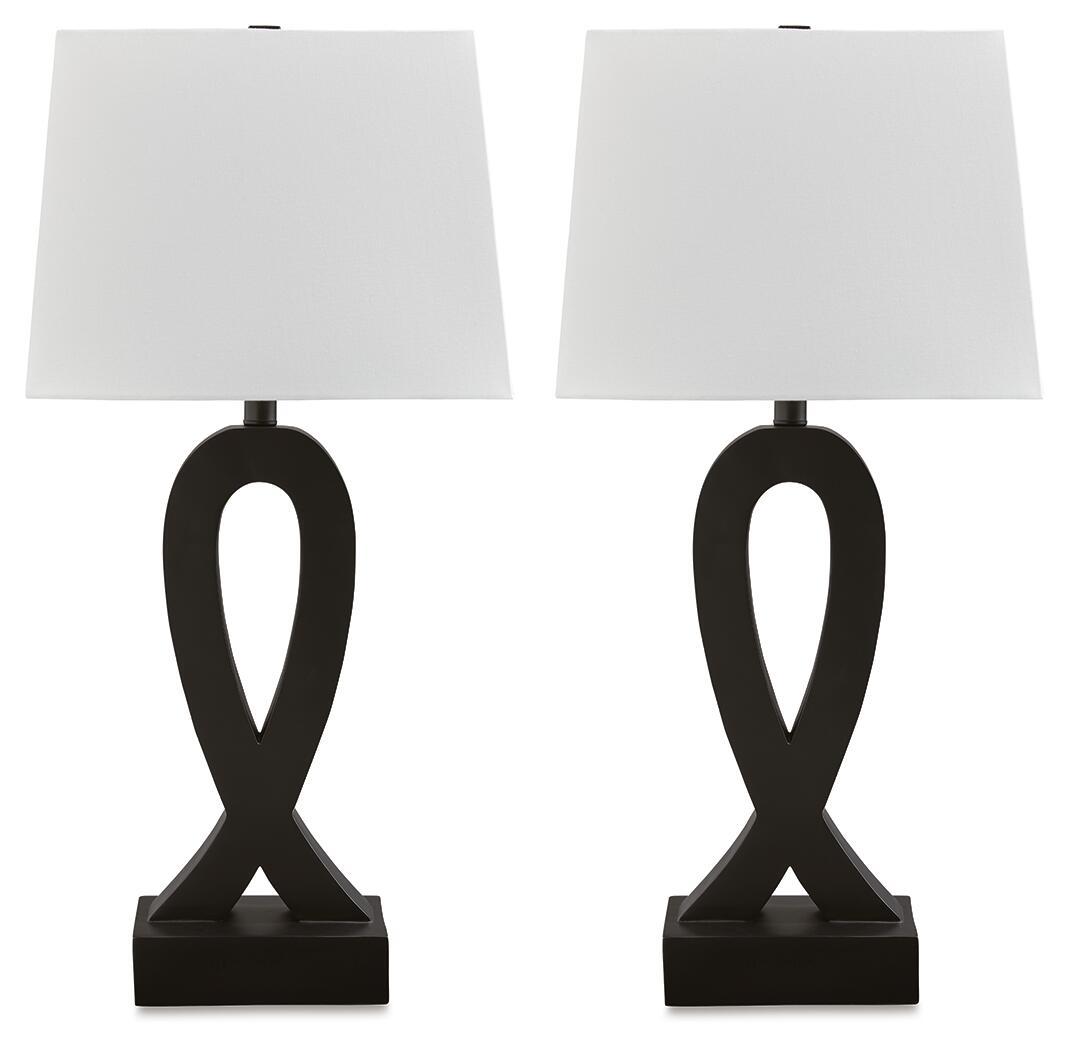 Pair of black table lamps with white square shades and sculpted ampersand bases