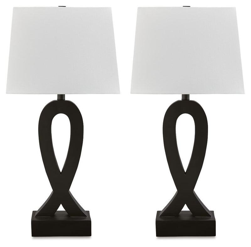 Pair of black table lamps with white square shades and sculpted ampersand bases