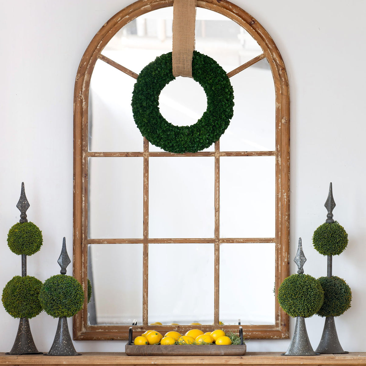 Large Arched Accent Mirror With Frame With Decorative Window Look Classic Architecture Style Solid Fir Wood Interior Decor - Brown