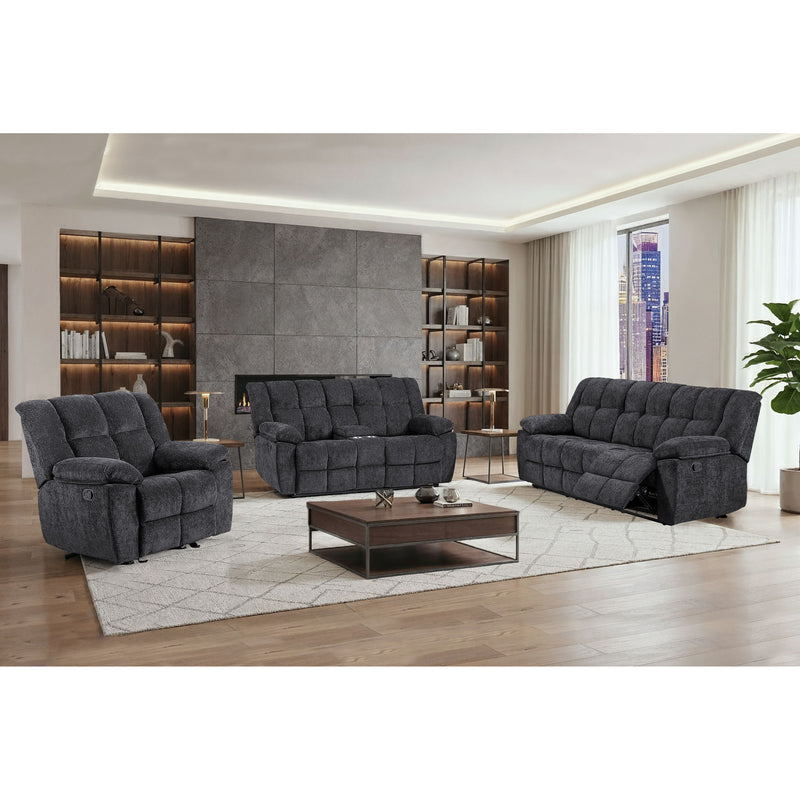 Gray reclining sofa set with sofa, loveseat, and accent recliner, tufted cushions