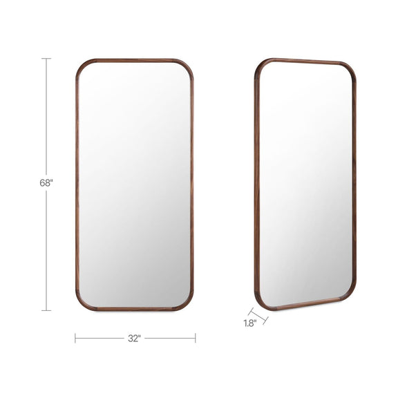 Kai floor mirror size 68 in H x 32 in W, walnut frame, rounded-rectangle glass