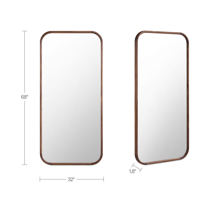Kai floor mirror size 68 in H x 32 in W, walnut frame, rounded-rectangle glass