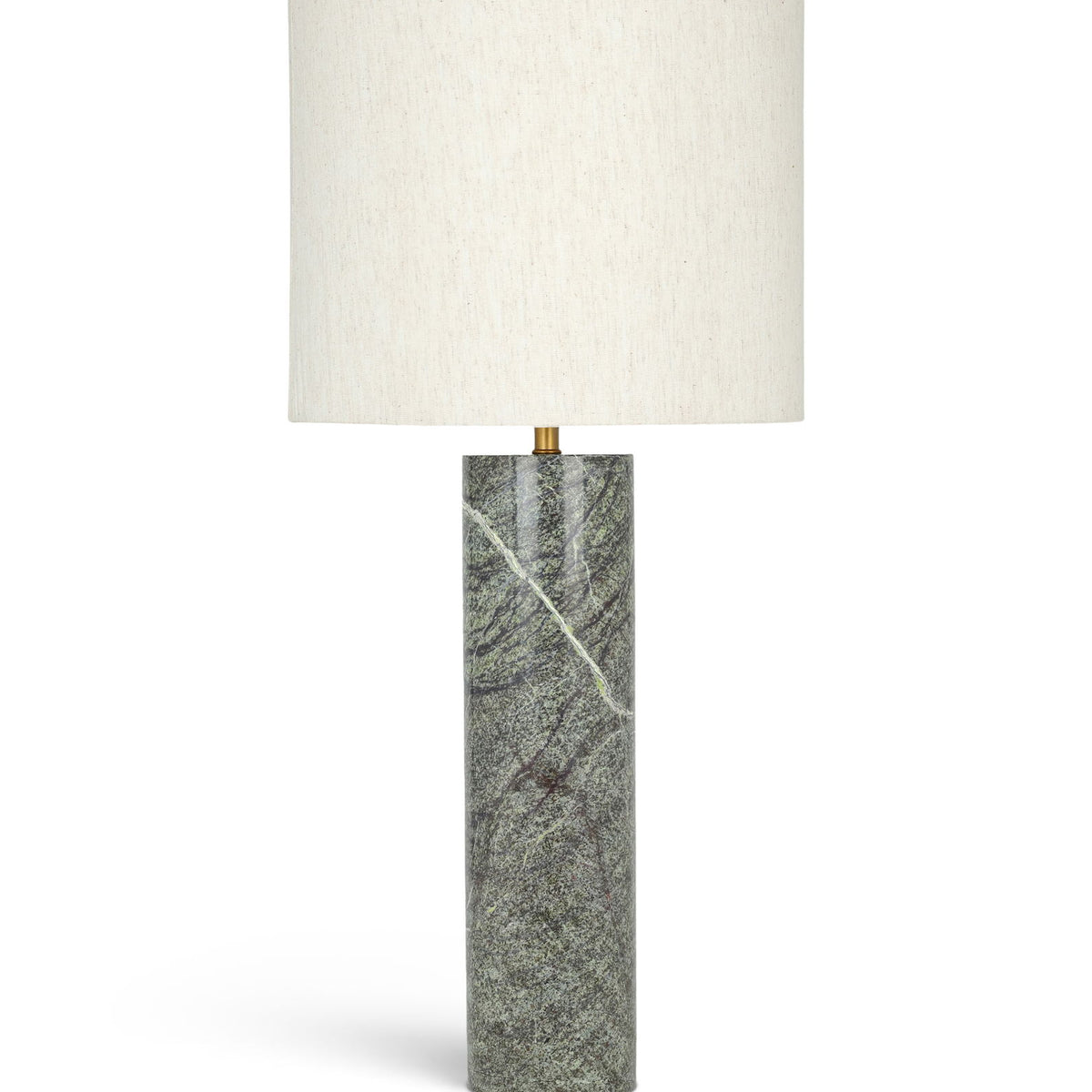 Textured fabric table lamp with beige drum shade and green speckled stone-textured base
