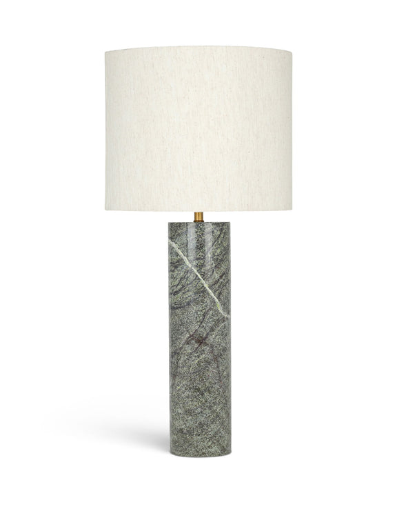 Textured fabric table lamp with beige drum shade and green speckled stone-textured base