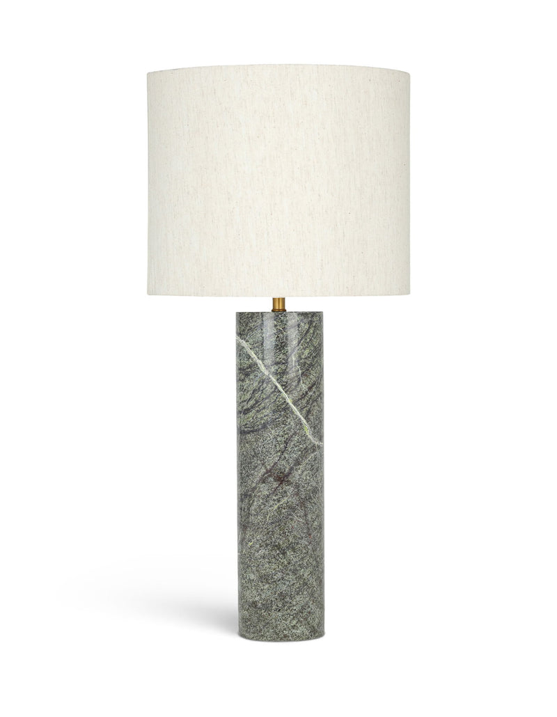 Textured fabric table lamp with beige drum shade and green speckled stone-textured base