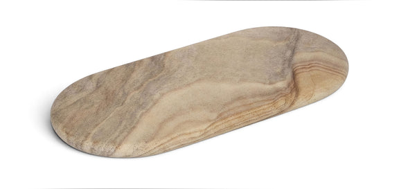 Carrell genuine marble tray, sand-toned oval with natural beige and tan veining.