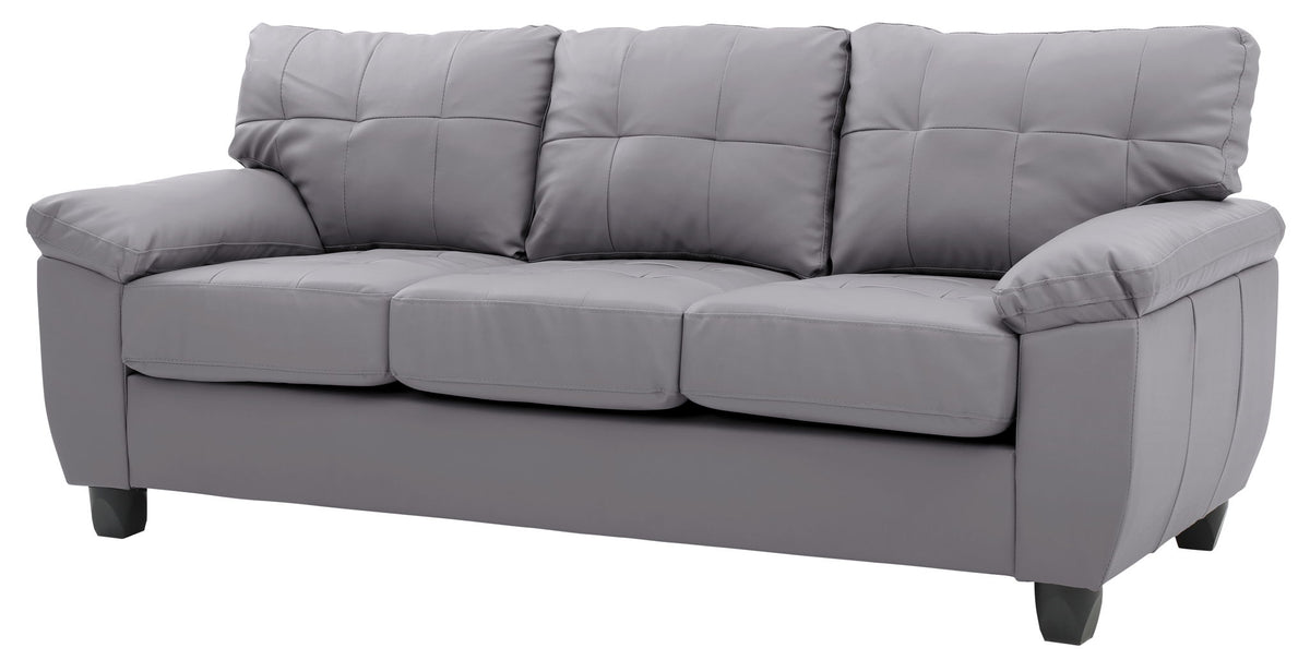 Light gray tufted 3-seat sofa with rolled arms and plush back cushions