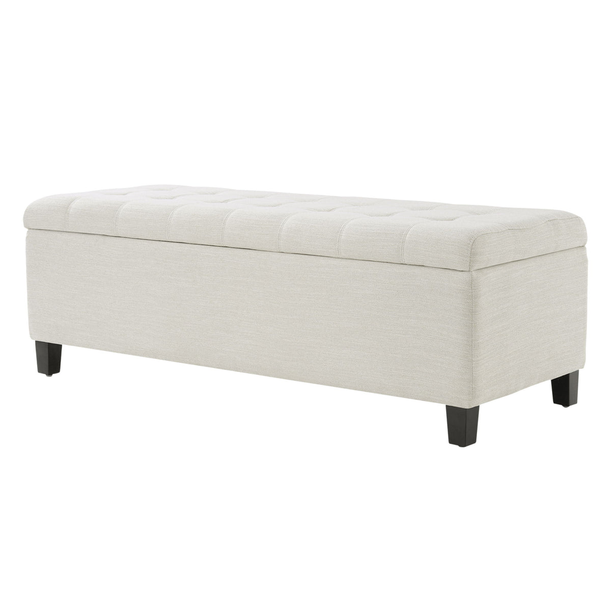 Upholstered storage ottoman bench in white fabric with tufted top and tapered legs