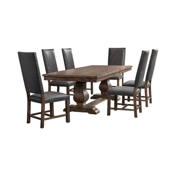 Dark brown dining table with tufted-back upholstered chairs, angled view