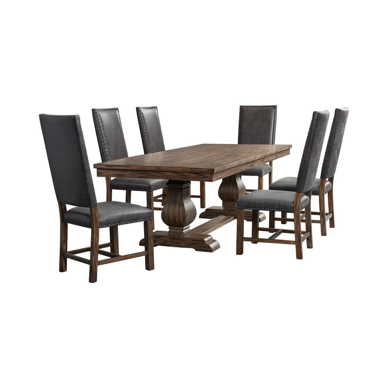 Dark brown dining table with tufted-back upholstered chairs, angled view