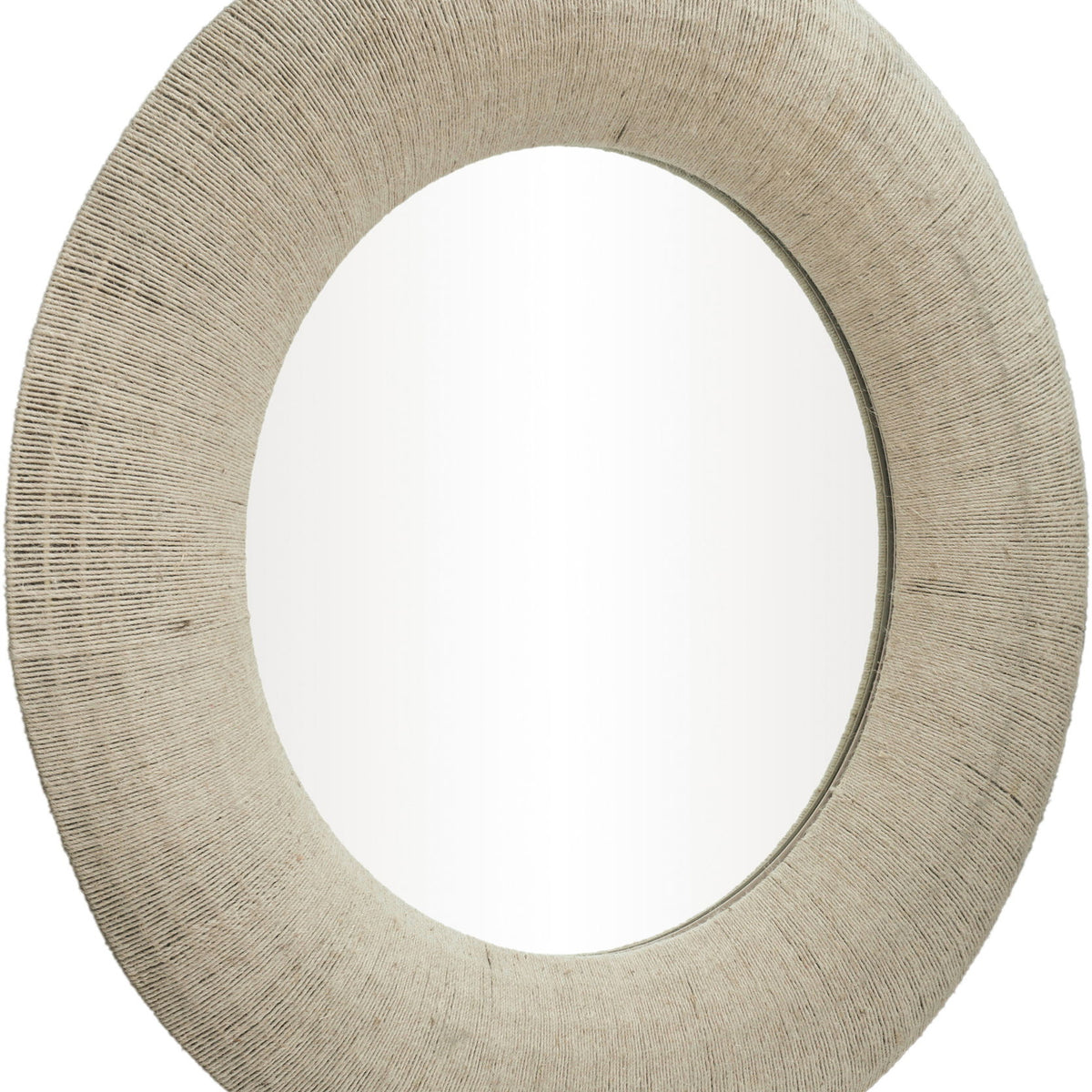 Round jute rope framed mirror close-up, light brown textured rope frame and reflective glass