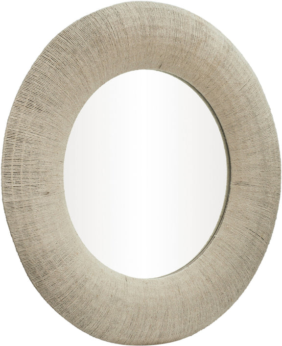 Round jute rope framed mirror close-up, light brown textured rope frame and reflective glass