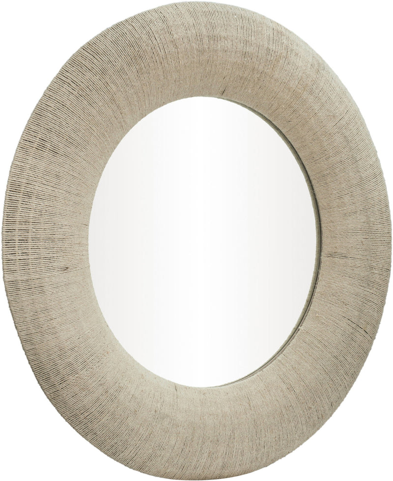 Round jute rope framed mirror close-up, light brown textured rope frame and reflective glass
